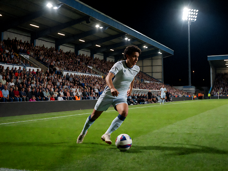 夜间灯光照射下的足球场正在进行比赛，看台坐满观众