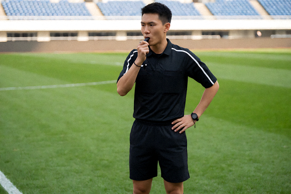 足球比赛裁判在场上鸣哨判罚的瞬间